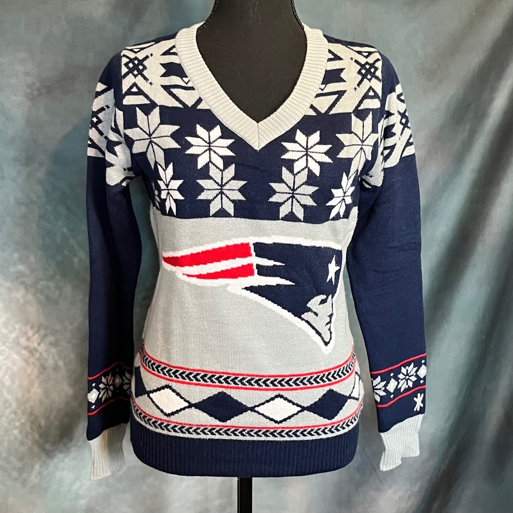 New England Patriots NFL‎ Team Apparel Sweater Knit Snowflake V-Neck Small